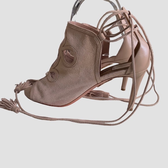 AQUAZURRA FIRENZE NEUTRAL LEATHER TUSSLE HEELED SANDALS - Picture 8 of 16